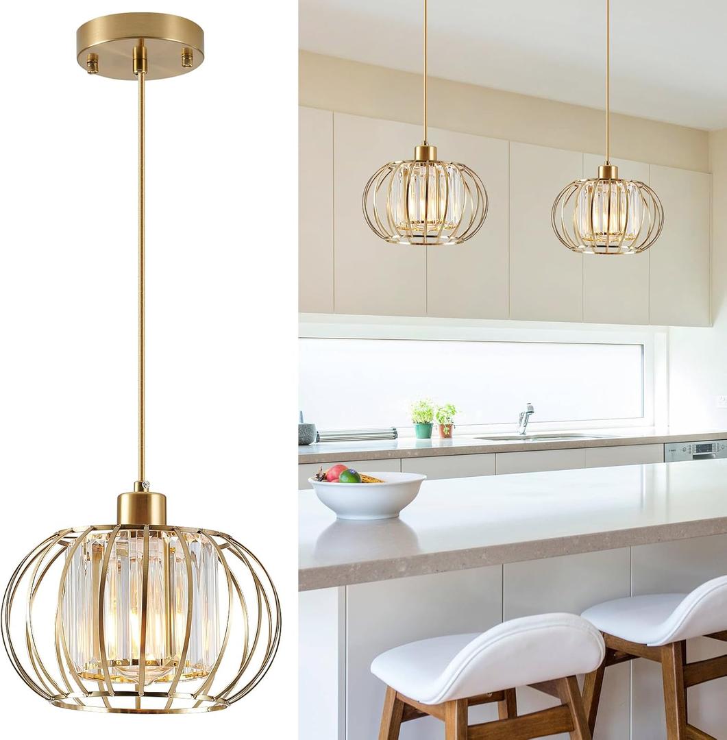 Gold Pendant Light Fixture, Modern Crystal Pendant Lights Kitchen Island, 1-Light Farmhouse Mini Chandelier, Adjustable Brass Hanging Light Fixture for Hallway, Bedroom, Dining Room