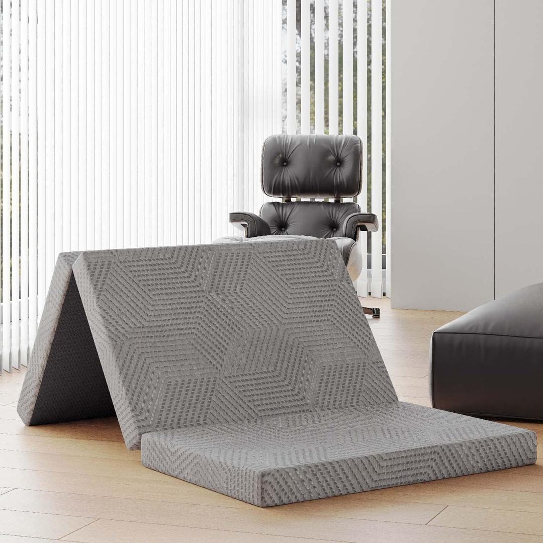 Folding Mattress, 4-Inch Tri-Fold Memory Foam Mattress Topper with Breathable & Washable Cover, Portable and Foldable Mattress for Floor, Guest Bed, Camping - CertiPUR-US Certified, Grey  75x38x4 in