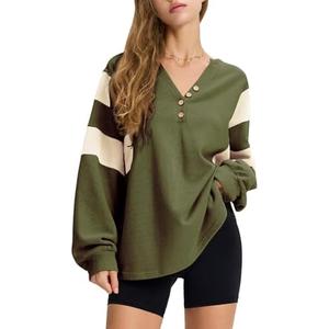 EXLURA Women's Oversized V Neck Henley Shirt Patchwork 2024 Color Block Sweatshirt Long Sleeve Button Pullover Tunic Tops, Size: XS