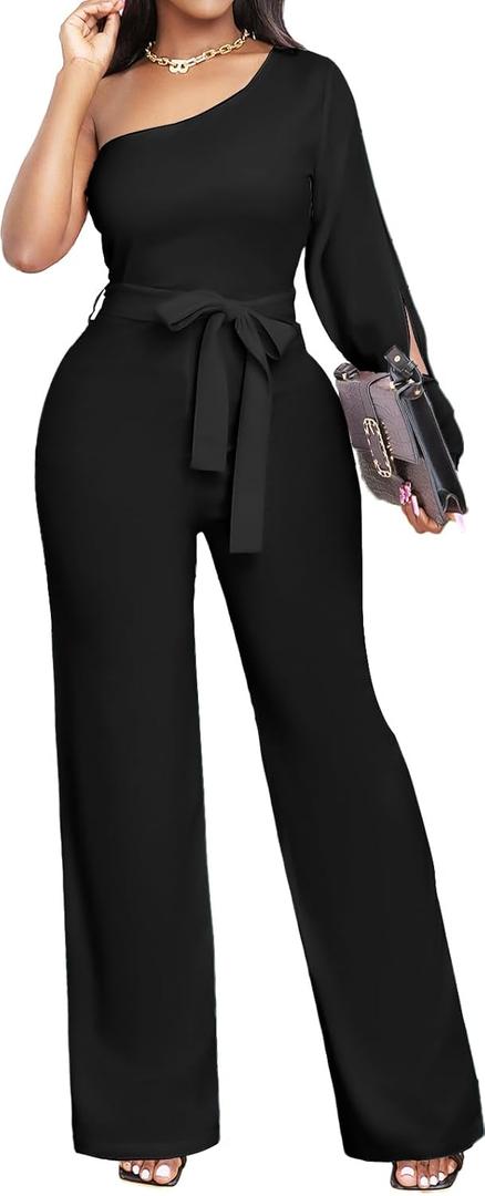 sexycherry Formal Jumpsuit for Women Dressy Elegant Long Straight Pants Jumpsuits for Party Club with Zipper (Large, Dark Black)