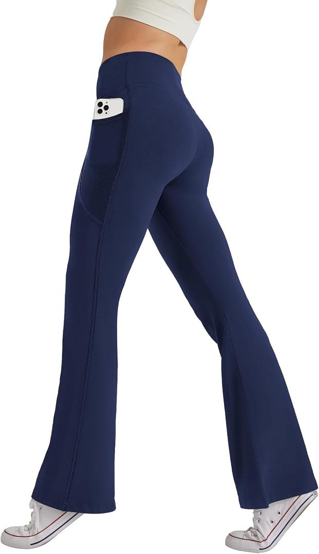 Women's High Waist Flare Yoga Pants Tummy Control Casual Bootcut Leggings with Side Pockets (Navy Blue), Size XS