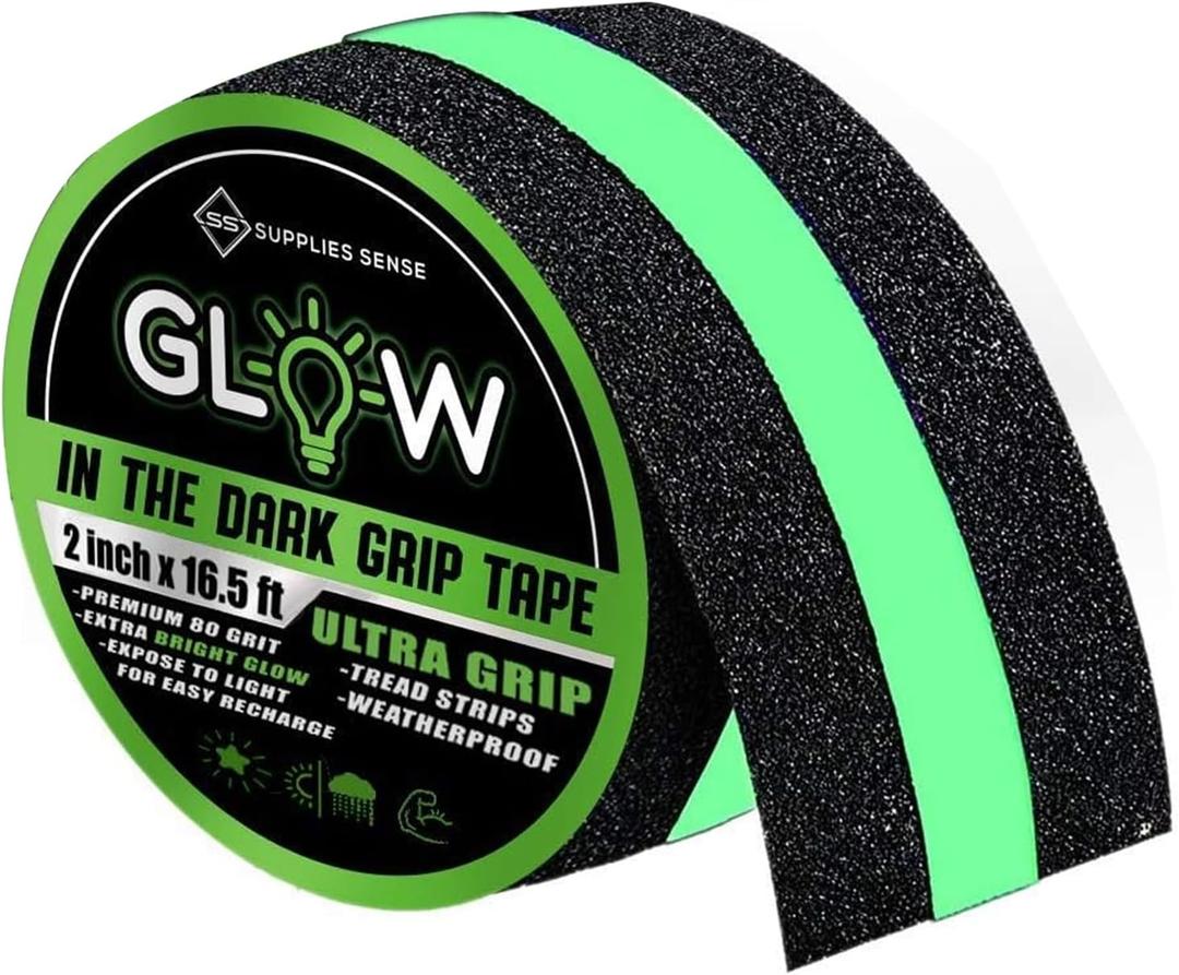 Anti-Slip Grip Tape Strips 2" x16.5ft, Non-Slip Traction Tape, Weatherproof Safety Adhesive Grip Treads with Glow in The Dark Strip, in/Outdoor Abrasive Tape for Stairs, Non-Skid Steps