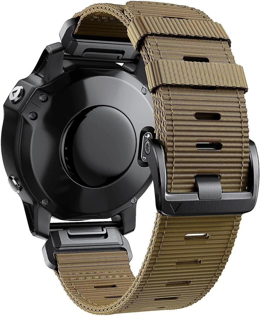 Adjustable 26mm Nylon Watch Band for Garmin Fenix 8 51mm Fenix 7X/6X/5X/Enduro 2, Tactix 7 Pro, Epix Pro 51mm - Quick fit 26 Sports Wrist Strap with Stainless Steel Adapter (Khaki - Black Buckle, 26mm)