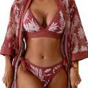 Aidonger Women's Bikini Sets V Neck Three Piece Swimsuit with Mesh Cover Up Cross Back Tie Straps Kimono Bathing Suit XL