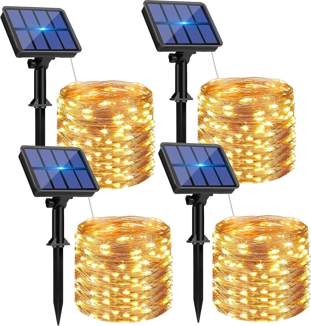 btfarm 4 Pack Solar String Lights Outdoor - Total 320LED 132FT Solar Fairy Lights Waterproof 8 Modes, Copper Wire Solar Powered Twinkle Light for Outside Tree Garden Christmas Wedding Party,Warm White