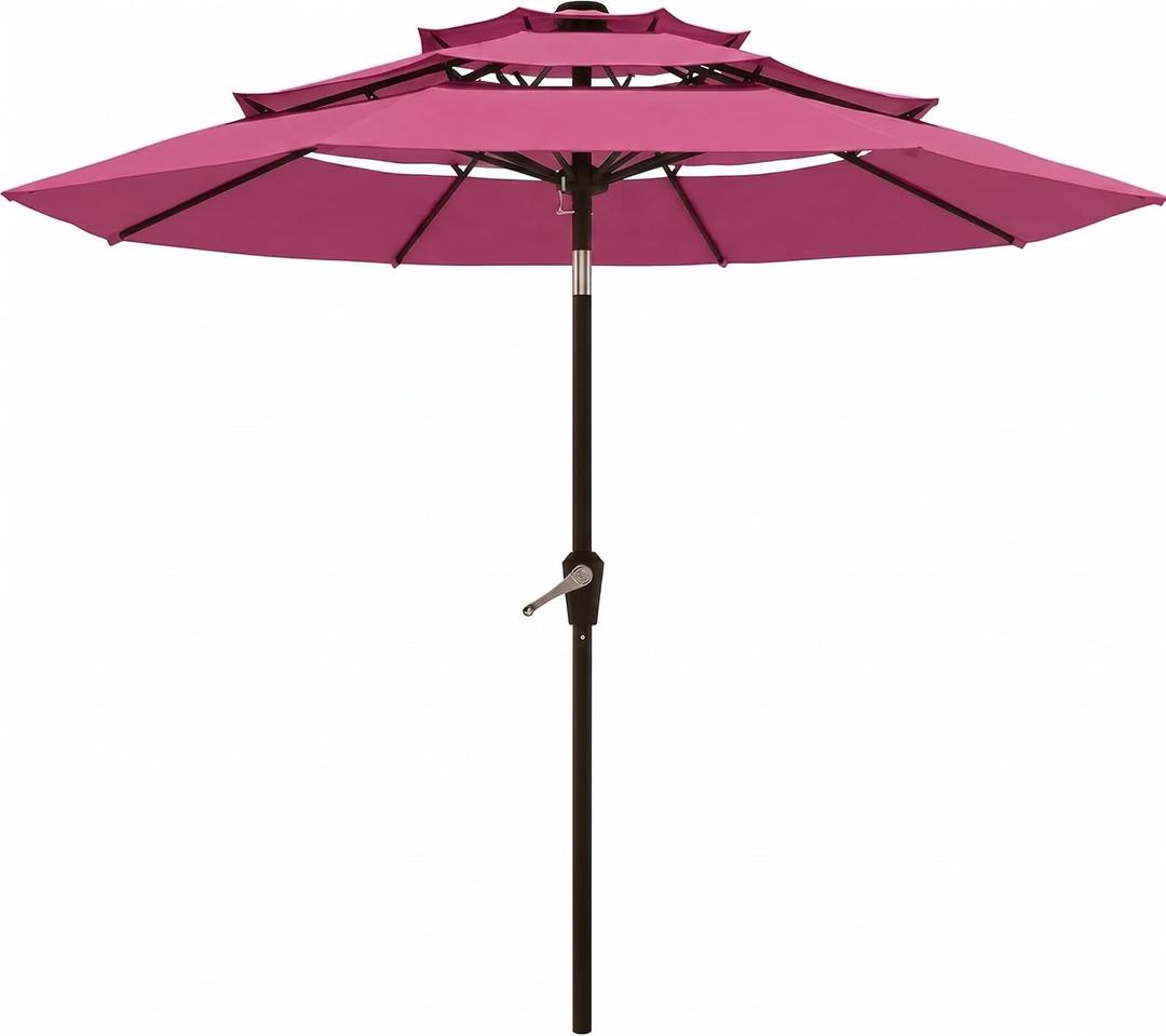 10FT Patio Umbrella 3 Tiers Outdoor Market Umbrella w/Push Button Tilt, Crank, UV and Waterproof Table Umbrella for Garden, Pool, Backyard, Deck, Lawn, Rose Pink
