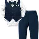 YALLET Baby Boy Clothes Suit 0-24 Months Infant Gentleman Outfits Formal Dress Shirt+Bowtie+Vest+Pants Set Baby Wedding Suits (6-12 Months, Navy Blue)