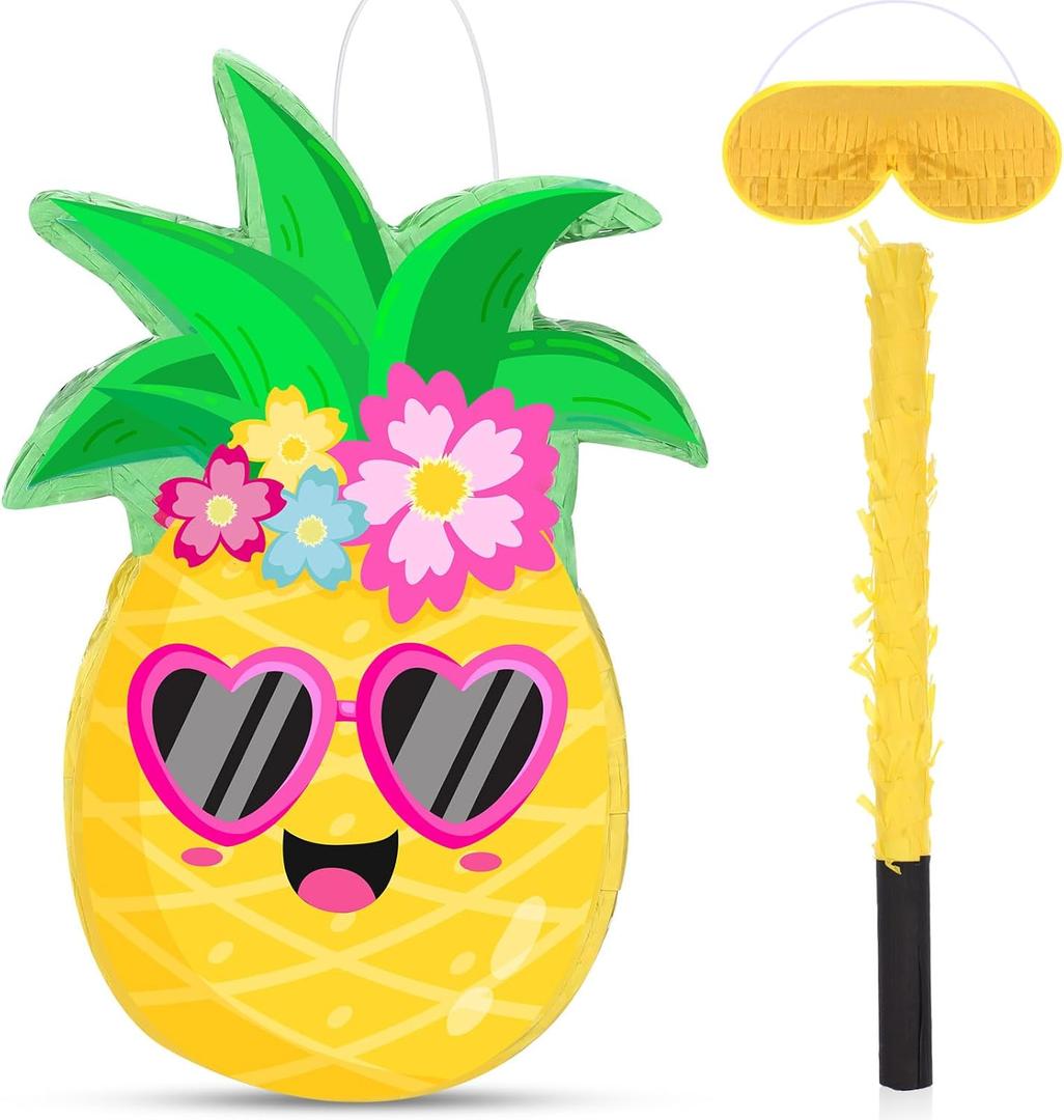 Threan Small Pineapple Piata Summer Fruit Piata with Blindfold Bat for Hawaiian Tropical Luau Party Supplies Pineapple Themed Birthday Decorations, 16.5 x 11.2 x 3.1 Inch