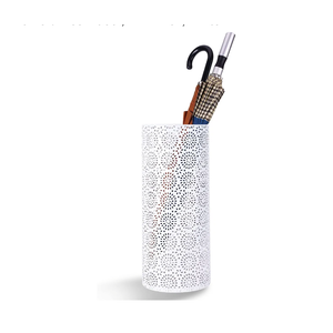 Umbrella Stand Rack for Entryway, Free Standing Metal Umbrella Holder, Round Umbrella Organizer Bin with 3 Hooks for Long Short Umbrella, Walk Stick, Home Office Indoor, 17 x 7 Inch, White