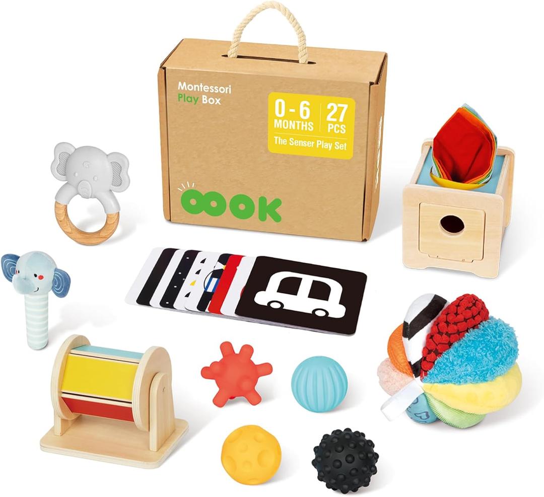 OOOK Montessori Toys 0-6 Months, Montessori Toy Set, 7 in 1 Newborn Baby Toys with Spinning Drum, Tissue Box Toy, Sensory Balls, Contrast Cards and More, Medium