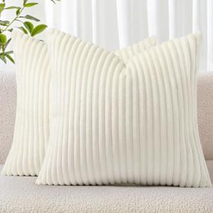 Simmore Decorative Throw Pillow Covers 20x20 Set of 2, Soft Natural Plush Flannel Double-Sided Fluffy Couch Pillow Covers for Sofa Living Room, Cream White