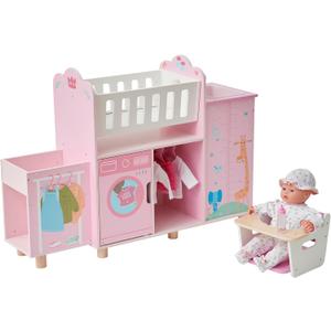Olivia's Little World Amanda 6-in-1 Wooden Doll Nursery Station with Rocking Cradle, High Chair, Storage, Washing Machine and Sink - for 3 yrs and up, Pretend Play House, Daycare - Pink/Multi