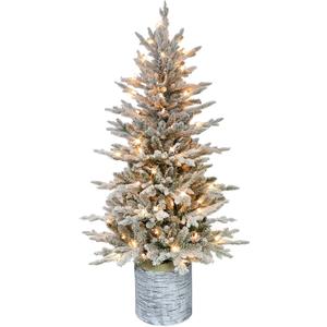 Puleo International 4.5ft Pre-Lit Potted Flocked Arctic Fir Christmas Tree with 70 Clear Lights, 419 Realistic Dense Snow Flocked Branch Tips, Easy Setup Artificial Trees with Sturdy Stand