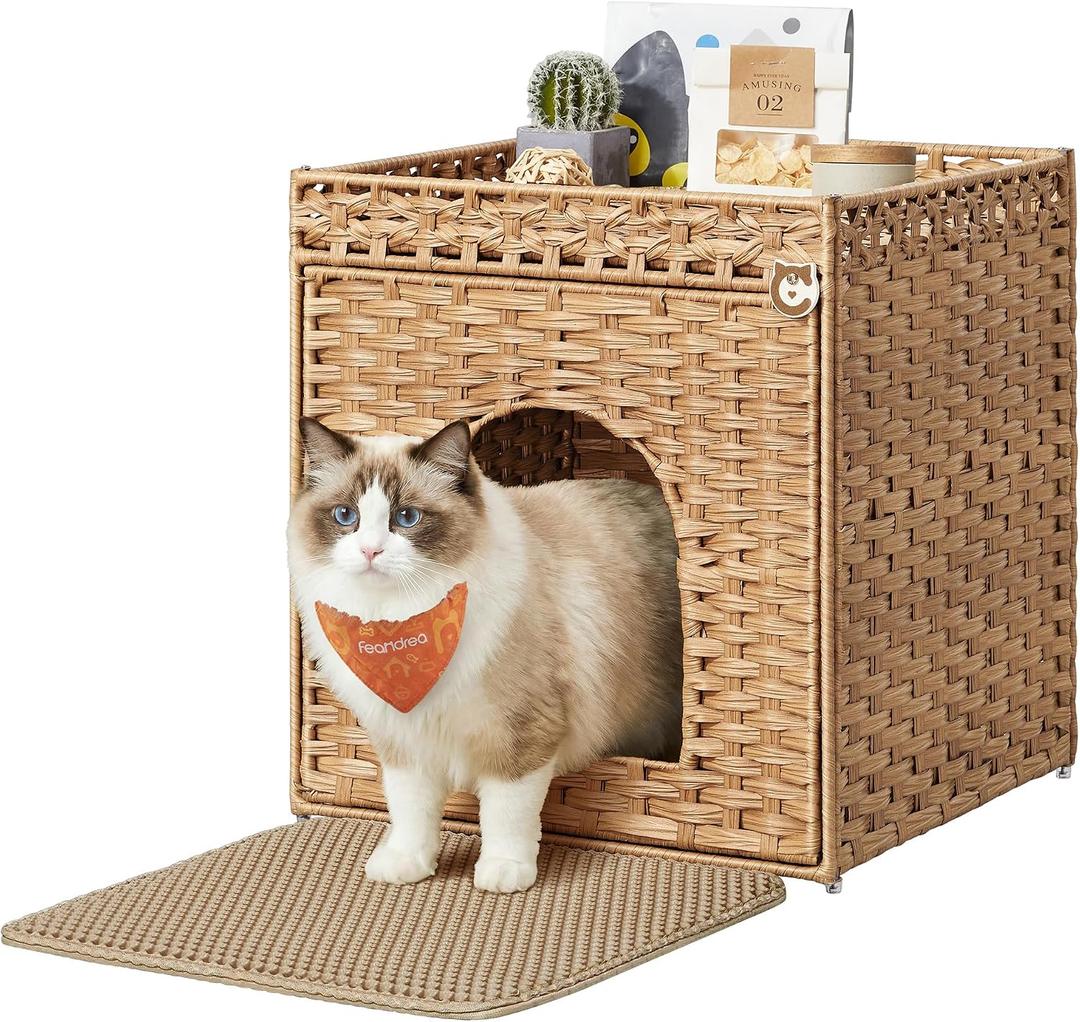 Feandrea Cat Litter Box Enclosure, Handwoven Rattan Hidden Litter Box Furniture with Extra Mat, Removable Washable Tray, Boho Cat House, End Table, Goose Yellow UPCL024YE01