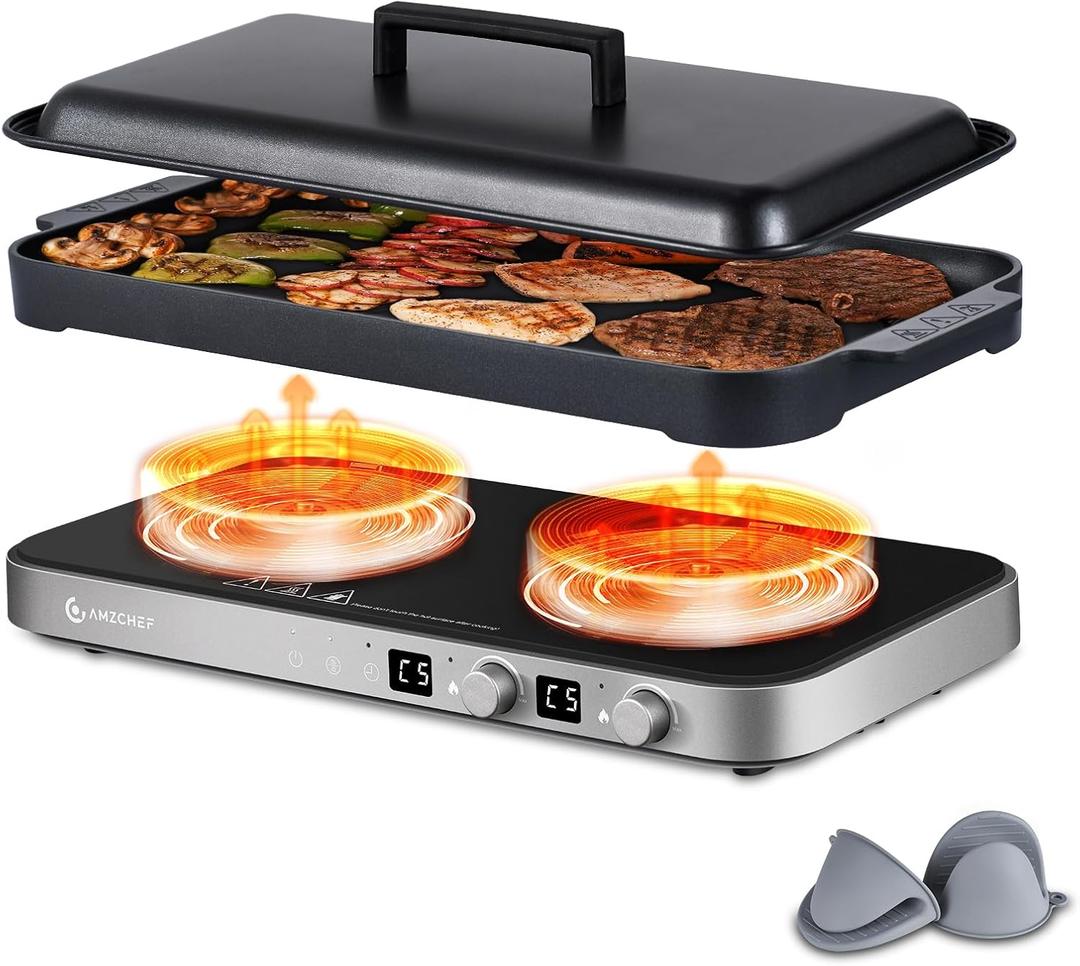 AMZCHEF Double Induction Cooktop, 1800W 2 Burner with Griddle Pan, Grey
non-stick removable griddle pan; ceramic glass surface; 2 independent cooking zones; 9 power levels; 99-min timer; child lock