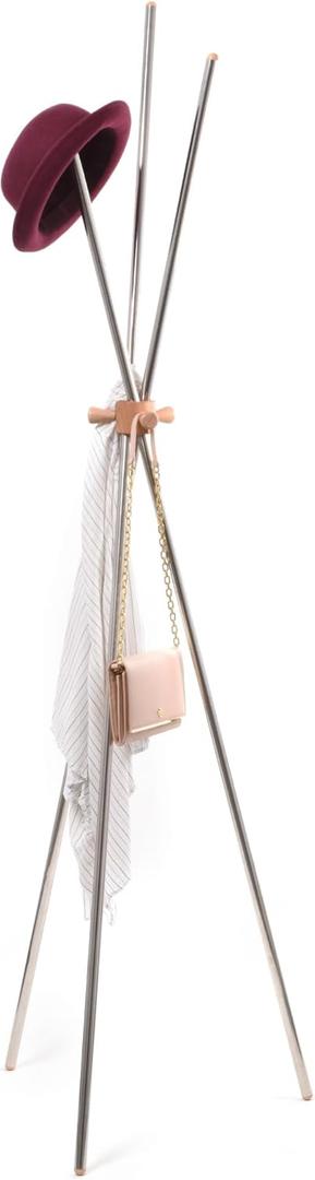 Coat Stand 70", Stainless Steel and Beech Wood, Freestanding Entryway Hall Tree for Hanging Hats / Bags / Purse / Jackets / Accessories, Modern Minimalist Design