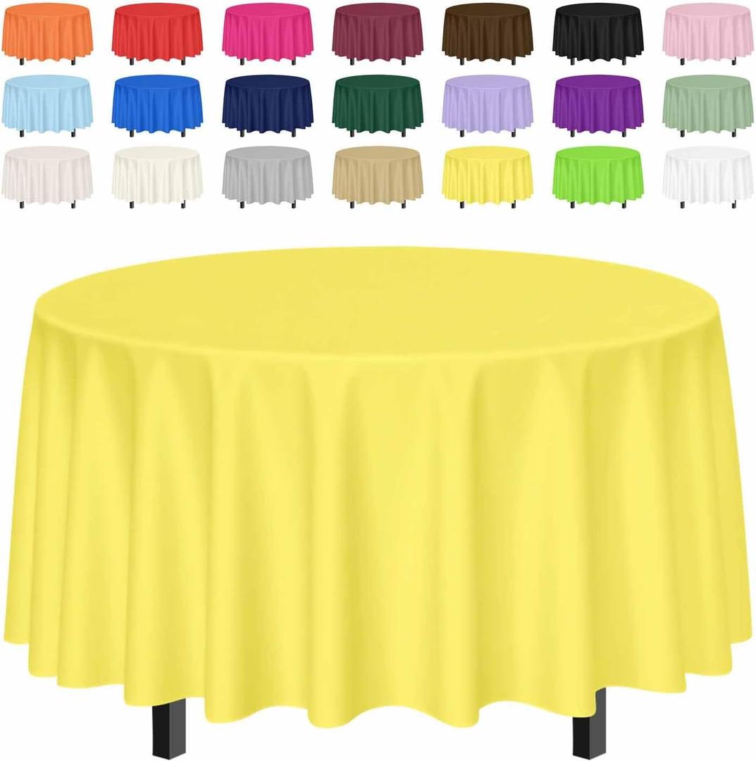 SietDESEO 3 Pack Yellow Tablecloth Round 84 x 84 Plastic Table Cover Waterproof Yellow Table Cloth Disposable for Wedding Birthday Baby Shower Thanksgiving Party Picnic Circle Tablecloth