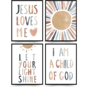 PLKMN Nursery Decor Set - Jesus Loves Me Wall Art Prints, Boho Kids Art, Bible Verses Wall Art for Kids, Christian Decor for Sunday School, 4x 12x16 Inch (Unframed)