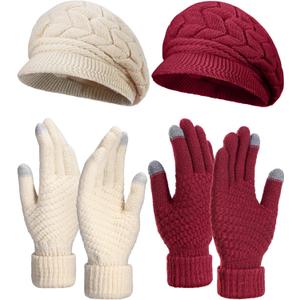 SATINIOR 4 Pieces Women Winter Hats and Gloves Set Touchscreen Gloves Warm Knitted Beanie and Mittens for Women Men(Beige, Purplish Red)