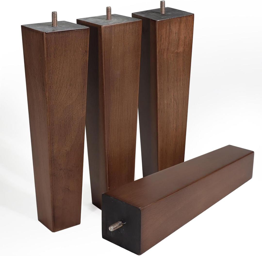 Solid Oak Wood Furniture Legs, 12 Inch, Brown Oak Wood, Set of 4, Square, Mid-Century, Natural, Multipurpose, Screw-In, Couch, Sofa, Cabinet, Bench, Bed, Indoor Furniture Upgrades