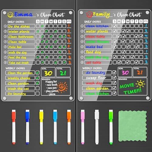 PigPotParty Acrylic Magnetic Chore Chart for Kids - 2 Pack 12"x9.5" Weekly Dry Erase Chore Board for Fridge with 8 Markers and 1 Towel – for Multiple Kids, Teens and Family