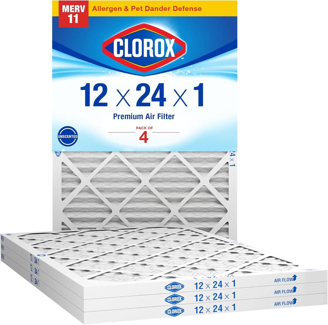Clorox 12x24x1 Air Filter, MERV 11 Pleated HVAC AC Furnace Air Filters, MPR 1000 & FPR 7  Pack of 4