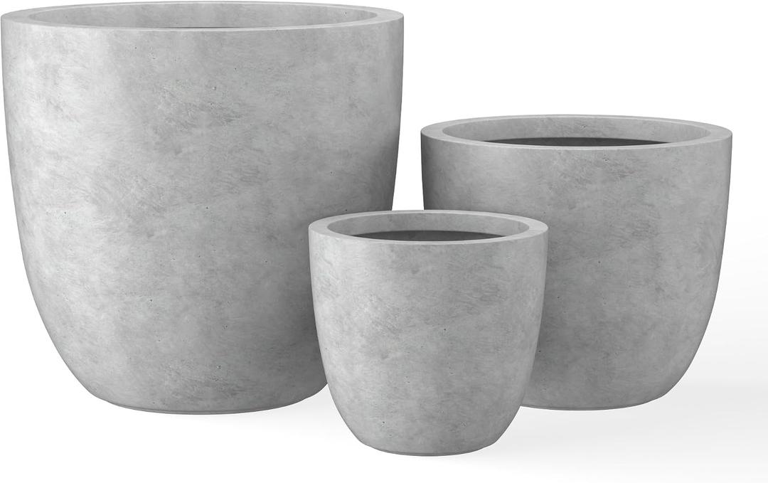 Kante 18",14",10" Dia Concrete Round Planters (Set of 3), Outdoor Indoor Large Planter Pots with Drainage Hole and Rubber Plug for Home Patio Garden, Natural Concrete