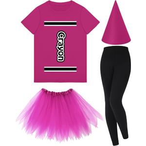 Mepase Crayon Costume Set Crayon T Shirt Tutu Skirt Gnome Cone Hat Leggings for Women Teacher (Medium, Rose Red)