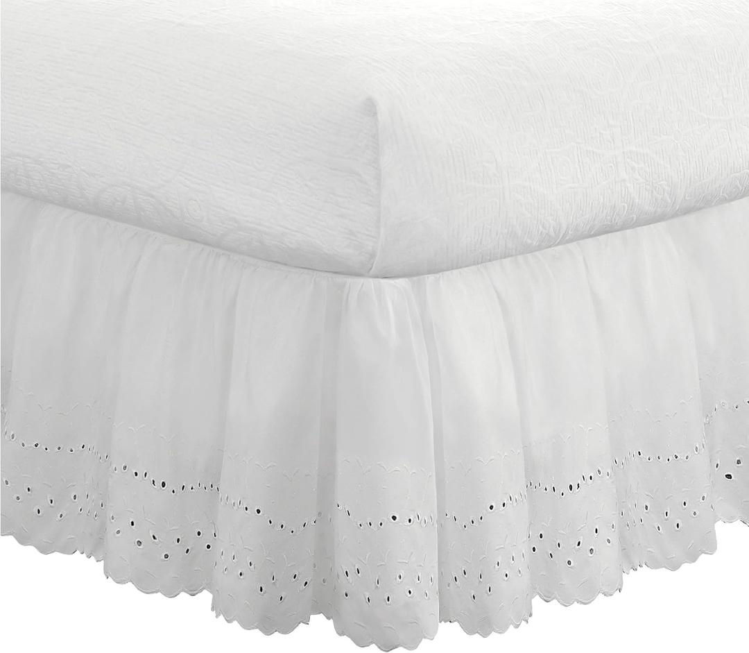 Fresh Ideas Eyelet Bed Skirt, Ruffled Design, 18 Inch Drop, Embroidered Scalloped Edge, Full, White