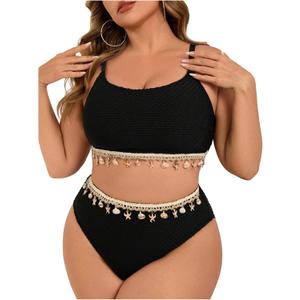 Women's Plus Size 2 Piece Bikini Set Boho Shell Chain High Waisted Modest Swimsuit Bathing Suit (XX-Large Plus, Black)