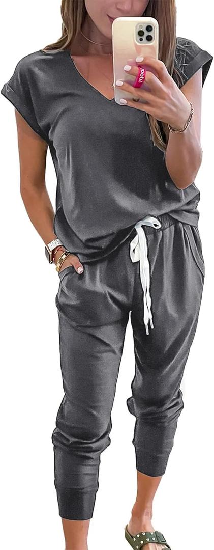 PRETTYGARDEN Women's Two Piece Tracksuit V Neck Short Sleeve Tops Long Pants With Drawstring Outfits Jogger Sets(Dark Grey, Large)
