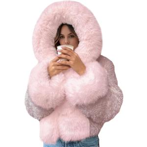 Wyeysyt Women's Faux Fur Coats with Hood Winter Warm Cropped Hoodie Jacket Long Sleeve Thick Short Outerwear with Pockets (Large, Lightpink)