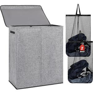DOKEHOM 150L Double Laundry Basket with Lid and Removable Laundry Bags, Large Collapsible Laundry Hamper with 2 Sections for Bedroom, Bathroom, Laundry Room, College (Grey)