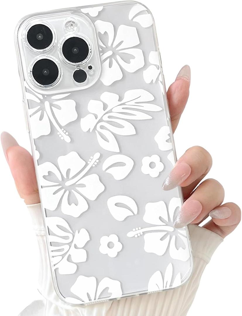 NITITOP Compatible with iPhone 12 Pro Max Case Cute Clear Aesthetic Floral Flower Hibiscus Pattern for Girls Women Soft TPU Full Camera Lens Shockproof Protective Phone Cover - White