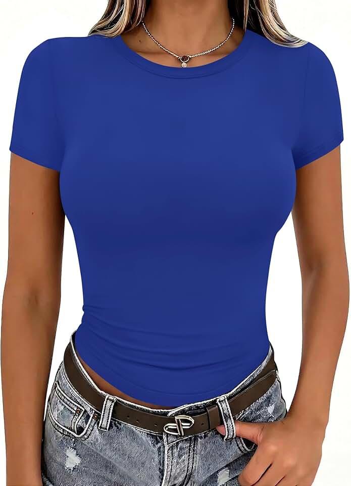 Zeagoo Women Crewneck Slim Fitted Short Sleeve T Shirts Cute Stretchy Bodycon Basic Tee Tops Global Recycled Standard, Small
