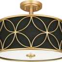 Edwarmlux 3-Light Semi Flush Mount Ceiling Light, 16" Drum Light with Fabric Shade, Modern Close to Ceiling Lamp for Living Room Bedroom Dining Room Kitchen Hallway Entry Foyer (Black Gold)