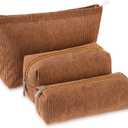 3 Pcs Makeup Bag Set for Women Corduroy Cosmetic Pouch Aesthetic Smile Travel Toiletry Bag Cute Purse Pouch Pencil Case Makeup Brushes Storage Organizer with Zipper(Brown,Solid Style)
