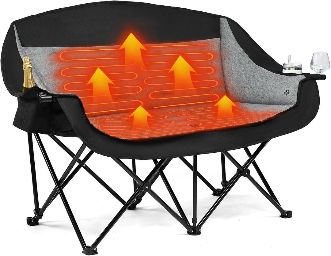 Heated Double Camping Chair - Heated Loveseat Chair for 2 Person Heavy Duty Oversized Padded Camping Couch for Adults Outdoor Sports Lawn Portable Folding Chairs, 40.5 Inches X 18.9 Inches X 18.5 Inches