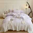 SOUKECHY Girls Lace Bedding,Purple Queen Comforter Cover Set, Chic Ruffled Duvet Cover with Lovely Bow,Princess Style 1 Duvet Cover with 2 Pillowcases, No Comforter,Purple,Queen Size