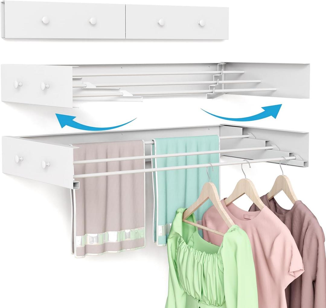 Wall Mounted Drying Rack 23.6'', Foldable Laundry Drying Rack Wall Mount with 4 Towel Hooks and 4 Rods, Space Saving Drying Rack Clothing for Indoor Outdoor Bathroom Balcony (White, 23.6'')