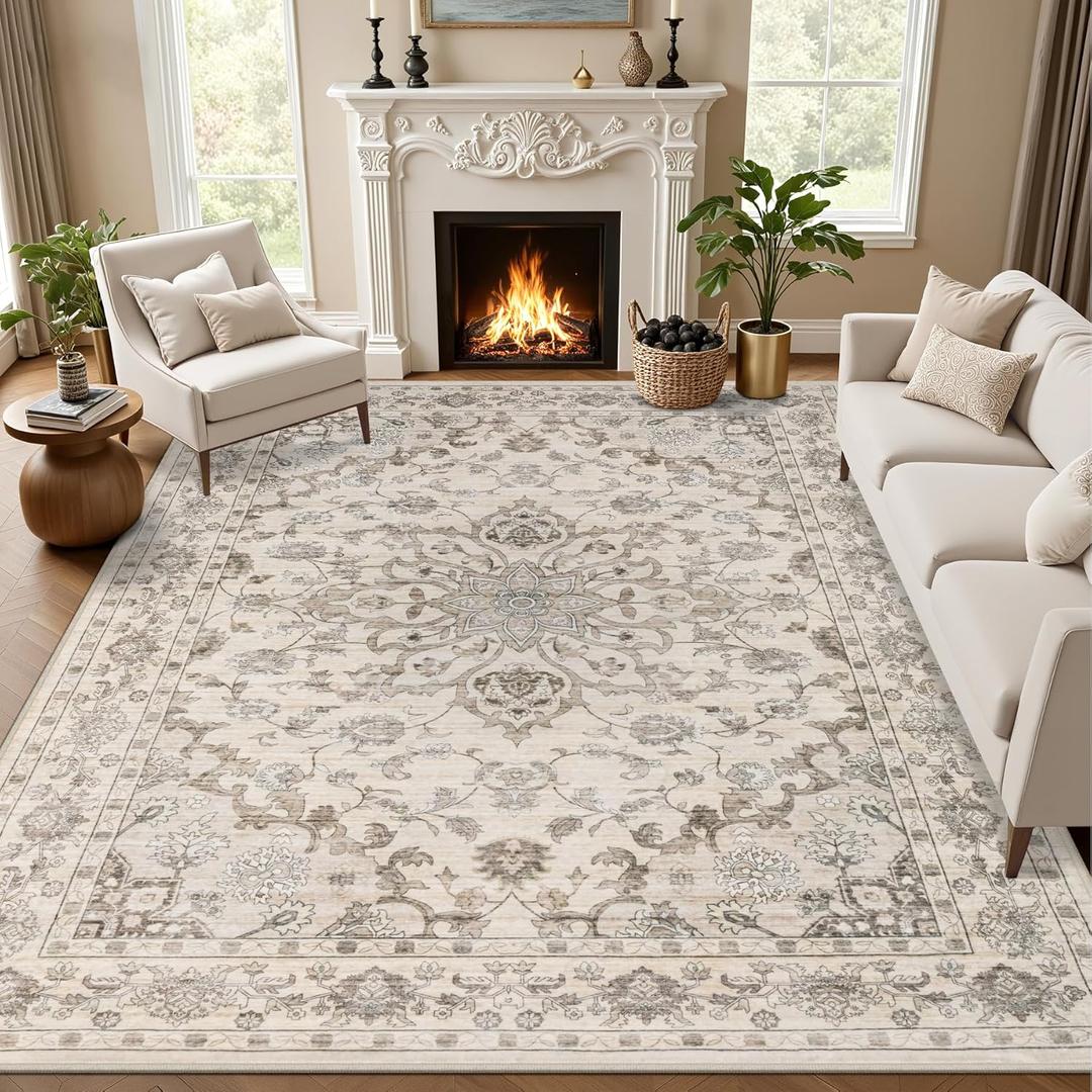 Area Rugs 9x12 Living Room Rug: Washable Rug Soft Vintage Distressed Floral Carpet Indoor Non-Slip Stain Resistant Large Carpets for Bedroom Dining Room Farmhouse Nursery Home Office, Brown Beige