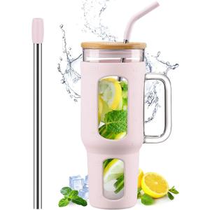 WINSA Glass Tumbler with Lid and Straw, 46 oz Iced Coffee Cup with Handle, Large Water Bottles with Silicone Sleeve, Glass Cup with Straws - Pearl Straw & Drinking Straw BPA Free-CottonPink