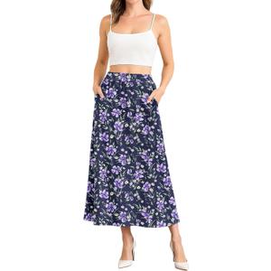 NILOUFO Women Trendy Maxi Skirts Casual High Waisted Elastic A-Line Long Skirt with Pockets (XL)