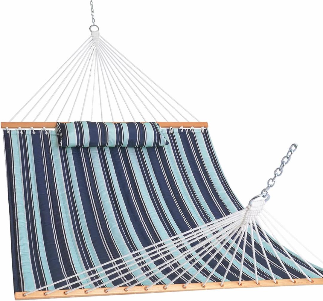 Lazy Daze Hammocks 12FT Quilted Fabric Hammock with Pillow, Double 2 Person Hammock with Spreader Bar for Outdoor Outside Patio Garden Yard Pool Beach QFH034 (Aqua Navy)