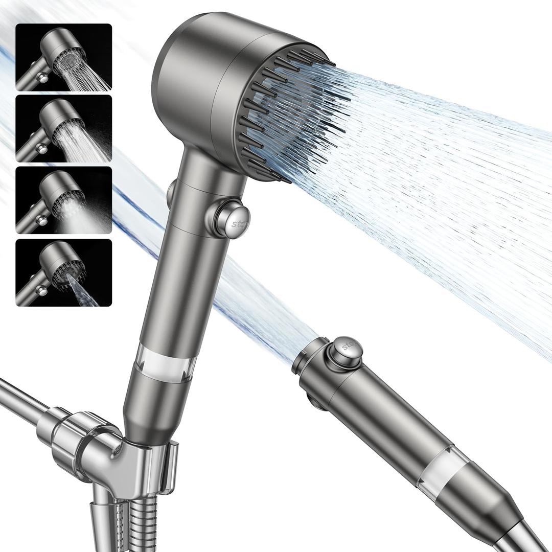 Filtered Shower Head with Handheld,High Pressure Shower Head 4 Spray Modes,ShowerHead with ON/OFF Switch for Pets,Built-in Power Wash to Clean Tub,Shower Heads Combo with Stainless Steel Hose (Gray)