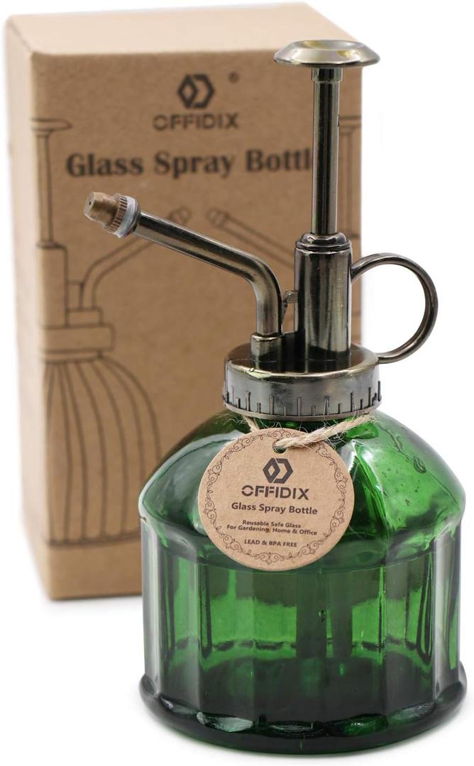 OFFIDIX Glass Plant Mister, 6.3 Inches Tall Vintage Style Spritzer Bronze Plastic Top Pump One Hand Watering Can Indoor Plant Spray Bottle for Garden, Plants, Cleaning (Dark Green) (A-dark Green)