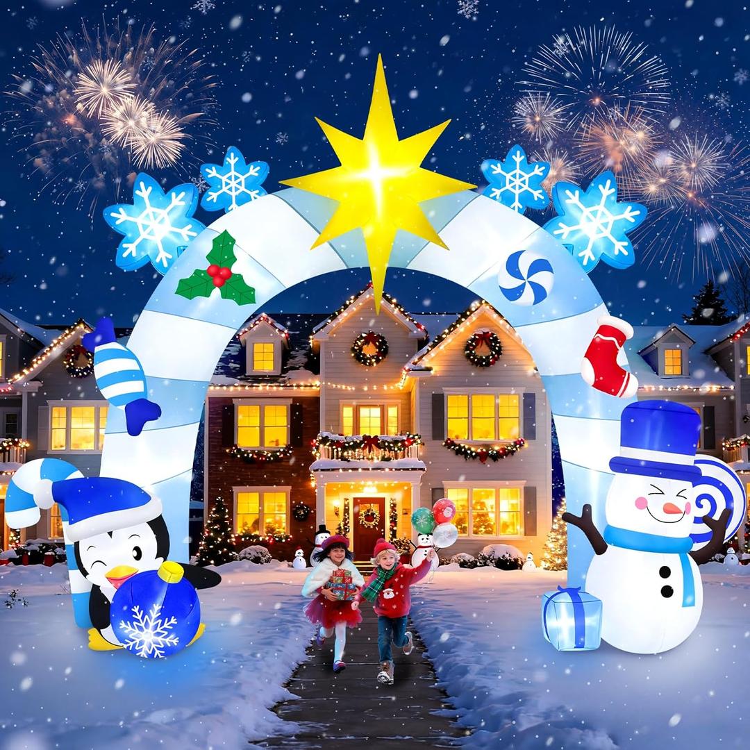 16FT Christmas Inflatable Archway with LED Light, Kalolary Blue Winter Snowman Penguins Inflatable Merry Christmas Blow Up Outdoor Decoration for Courtyard Lawn Shopping Mall Street