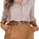 siliteelon Striped Button Down Shirts for Women Dress Shirts Long Sleeve Casual Collared Office Work Shirt with Pocket (X-Large, Brown)