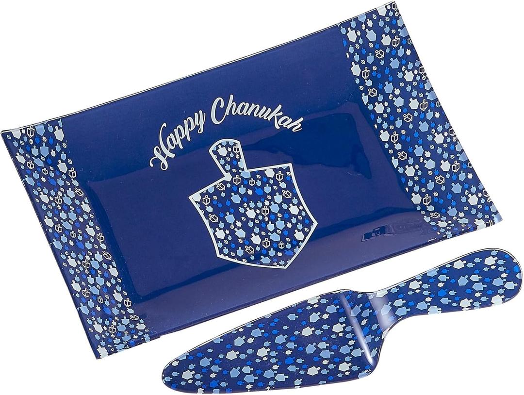 Hanukkah Glass Tray & Server Gift Set by Rite Lite | Elegant Jewish Holiday Party Favors Hostess Gifts Chanukah Mosaic Design Cooking Kitchen Accessories Festival of Lights 12"L