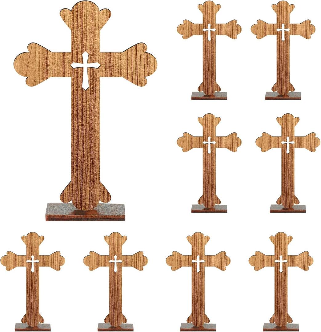 Amyhill 10 Pcs Easter Wooden Crosses Baptism Centerpieces for Tables First Communion Decorations Rustic Wood Cross for Crafts with Bases Religious Catholic Decor(Light Brown)